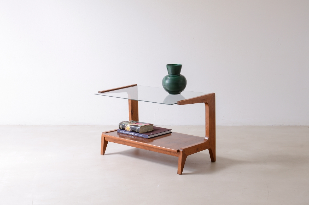 Gio Ponti  Oak wall table with a cut glass top and a wooden top ca. 1950.