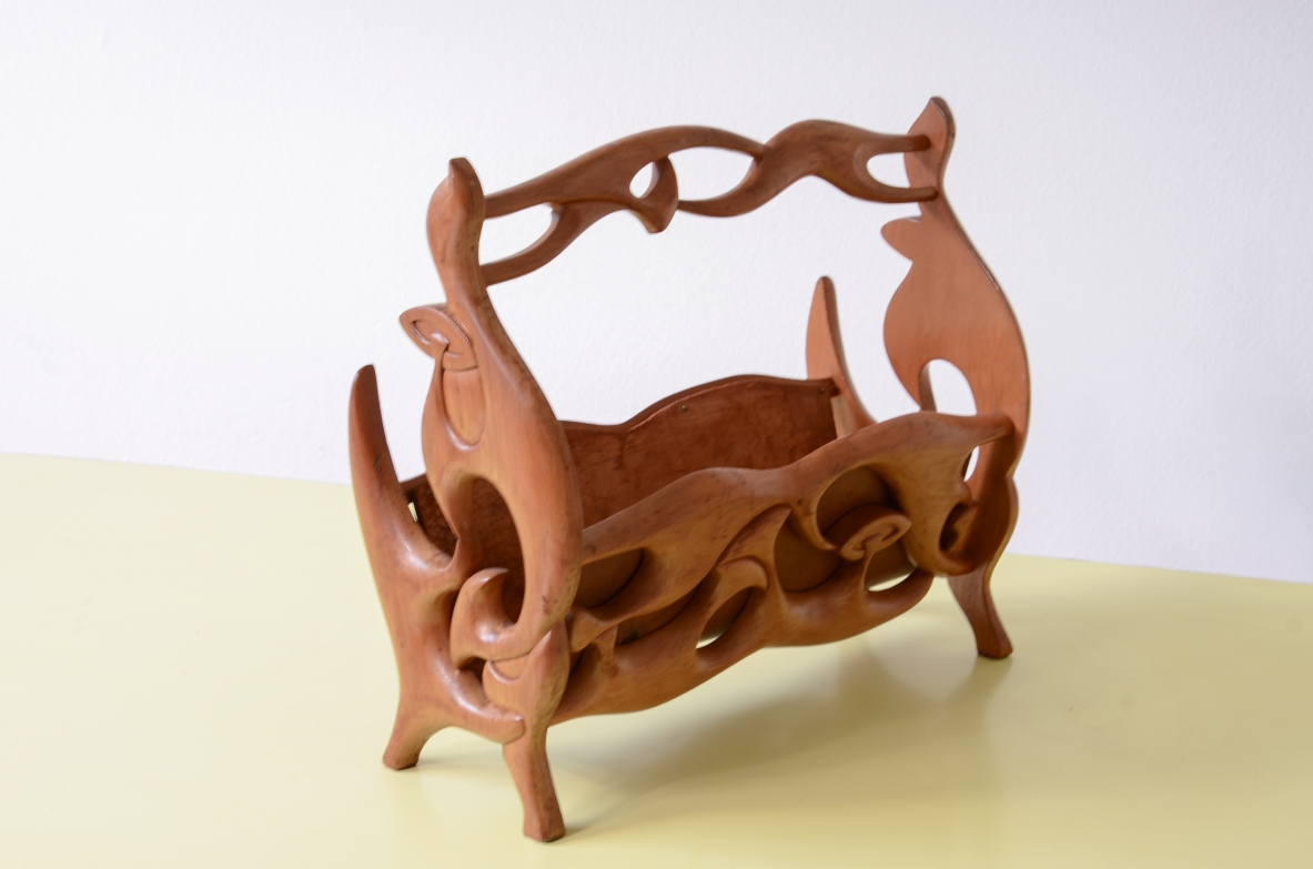 magazine rack in carved cherry wood and leather Art Nouveau period, ca. 1900
