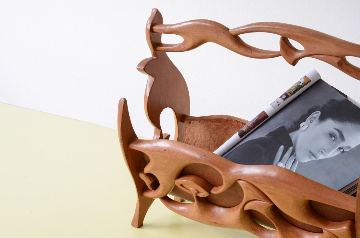 magazine rack in carved cherry wood and leather Art Nouveau period, ca. 1900
