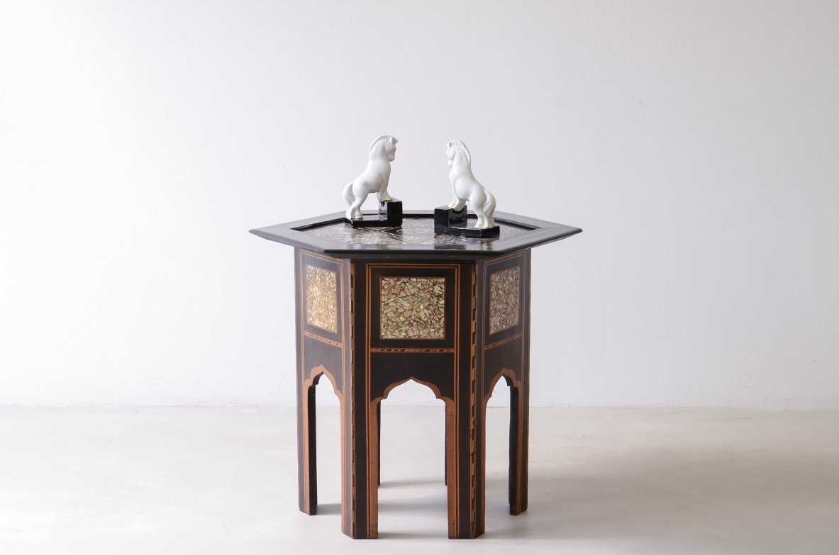 Colonial coffee table in ebonized wood and mother-of-pearl.  Italian manufacture, circa 1930.