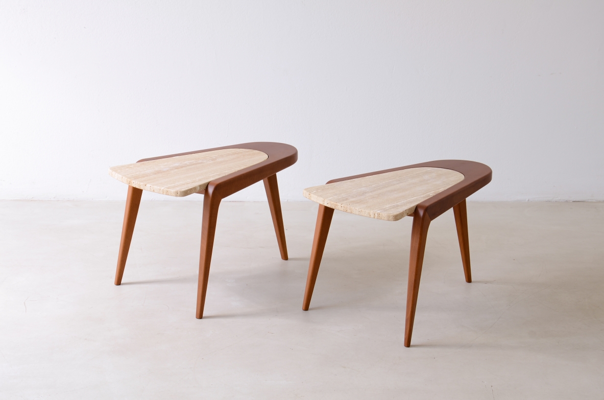 Pair of shaped wooden coffee tables with travertine tops.  Made in Italy, custom-made.