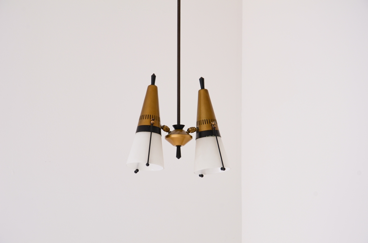 Small metal and brass chandelier with two opaline glass shades.1950