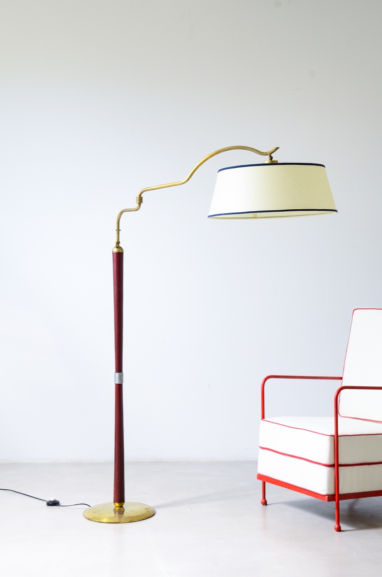 Arredoluce  Floor lamp with a dark red leather and brass-covered stem 1935