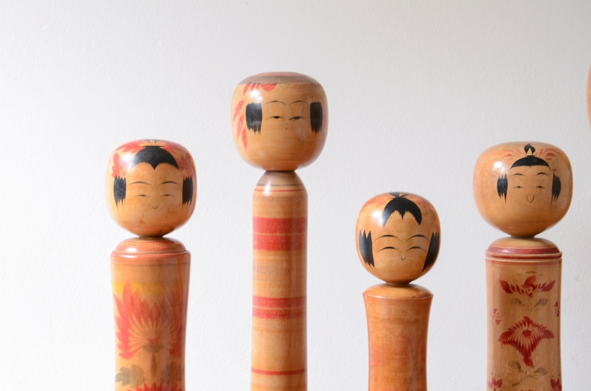 set of six large turned and painted wood sculptures, Japan, ca. 1920.
