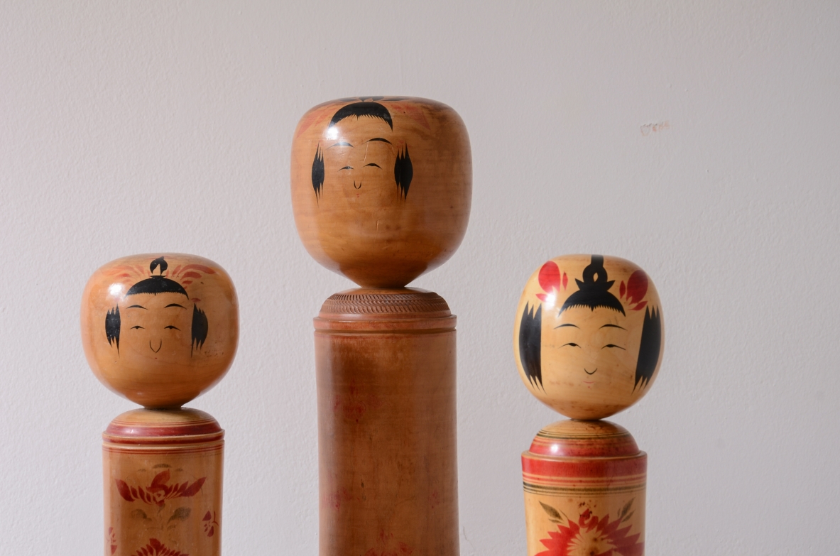 set of six large turned and painted wood sculptures, Japan, ca. 1920.