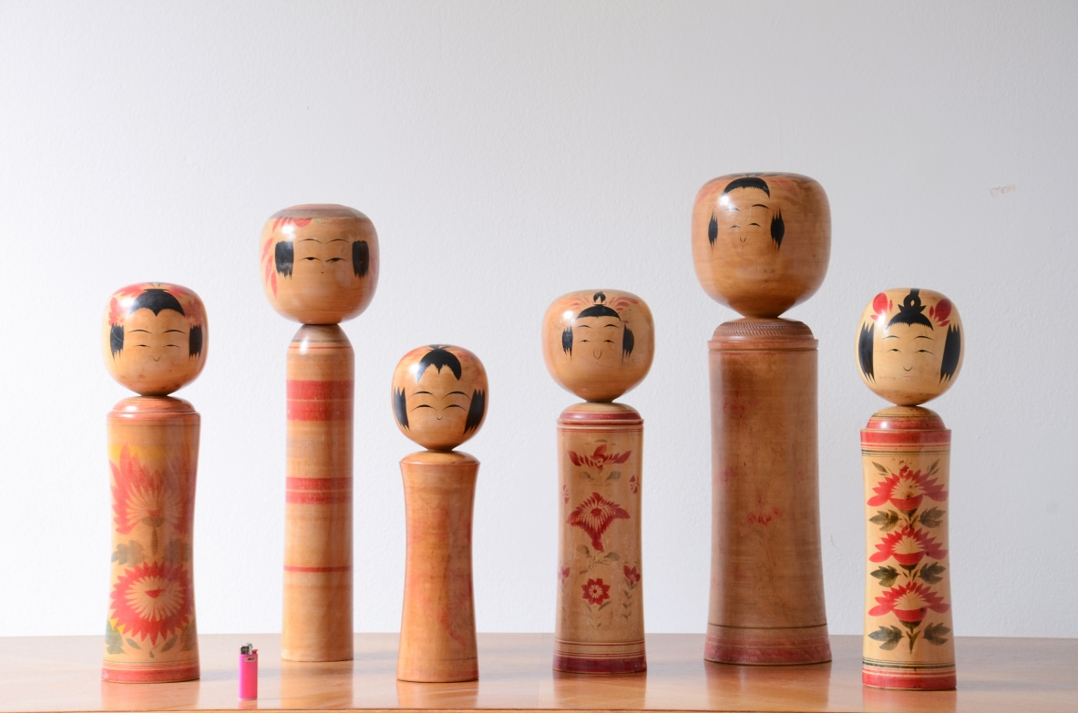 set of six large turned and painted wood sculptures, Japan, ca. 1920.