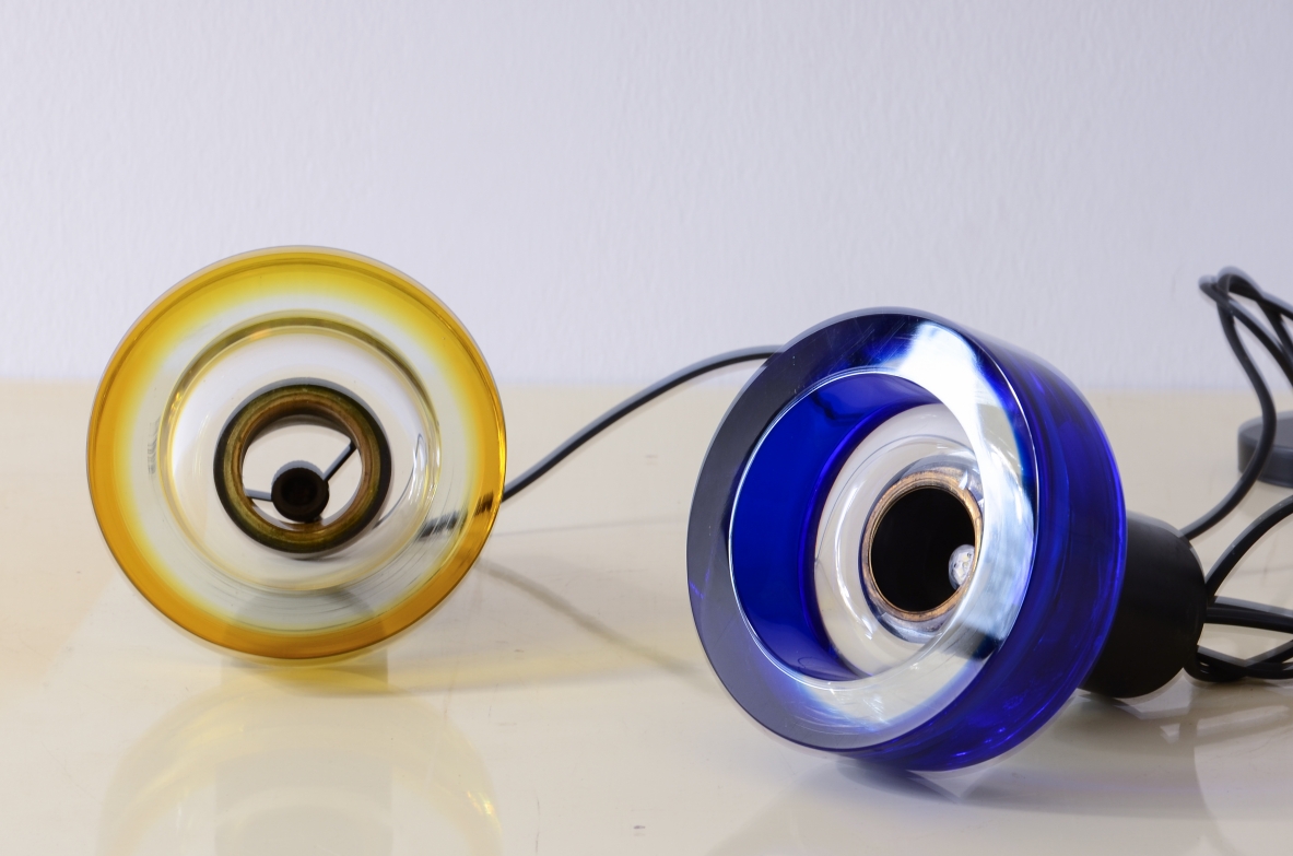 Flavio Poli Pair of hanging  lamps with very thick glass, Archimede Seguso production, 1960s