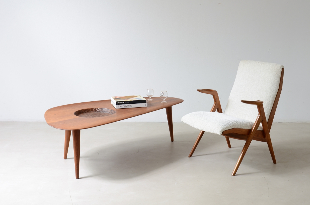 1950's  large coffee table with an organically shaped solid wood top