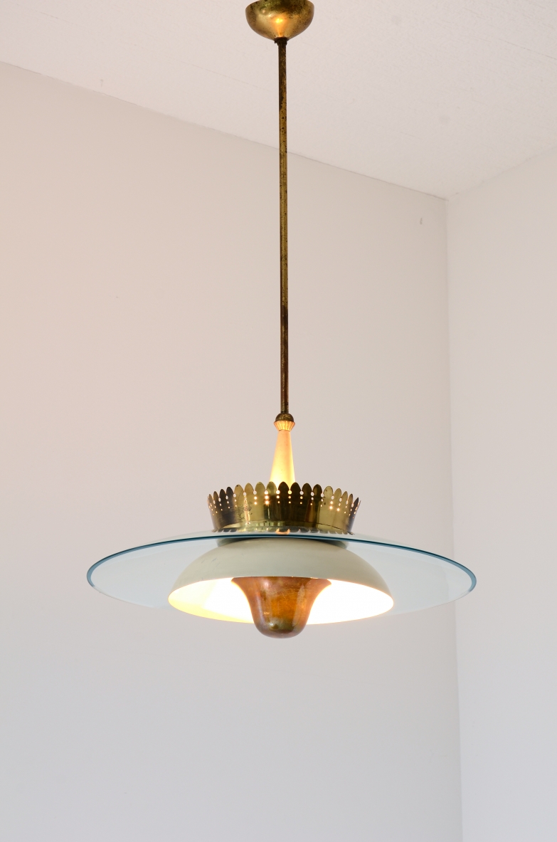 Splendido lampadario anni 40 con grande campana in vetro