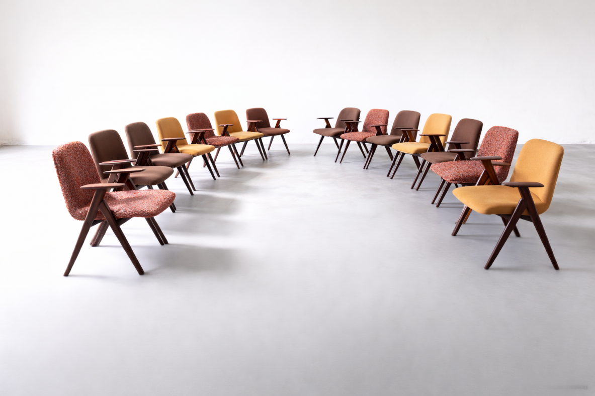 Luigi Vietti 14 elegant armchairs in wood and padded fabric.1960's