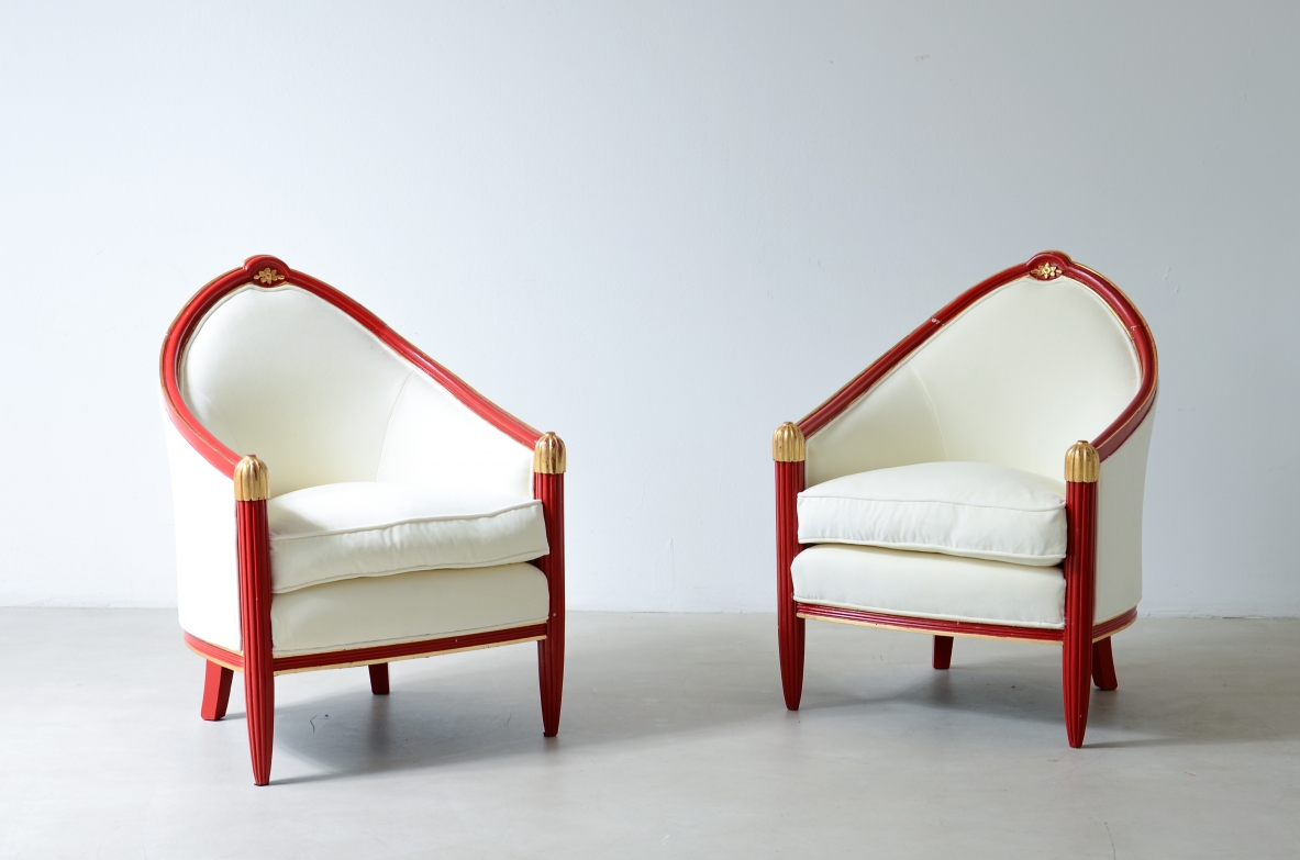 pair of lacquered and gilded wood tub chairs France, circa 1930.