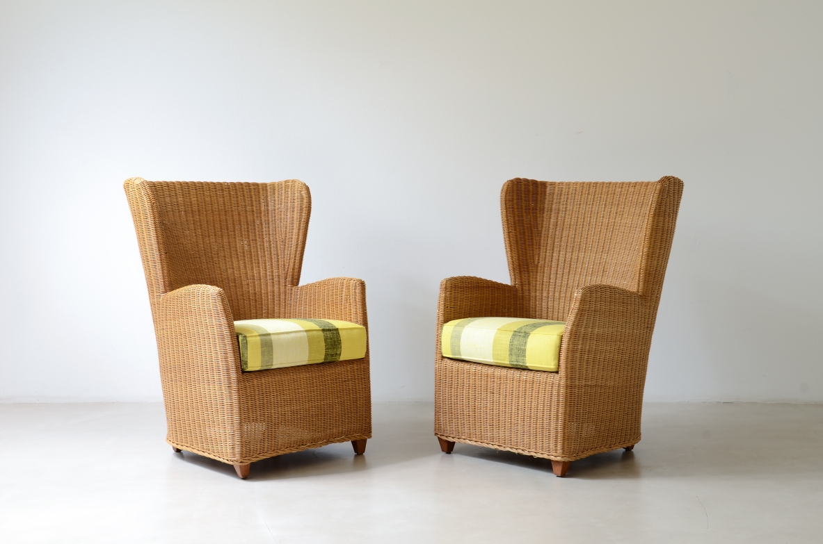 Two large woven rattan armchairs, Italian manufacture