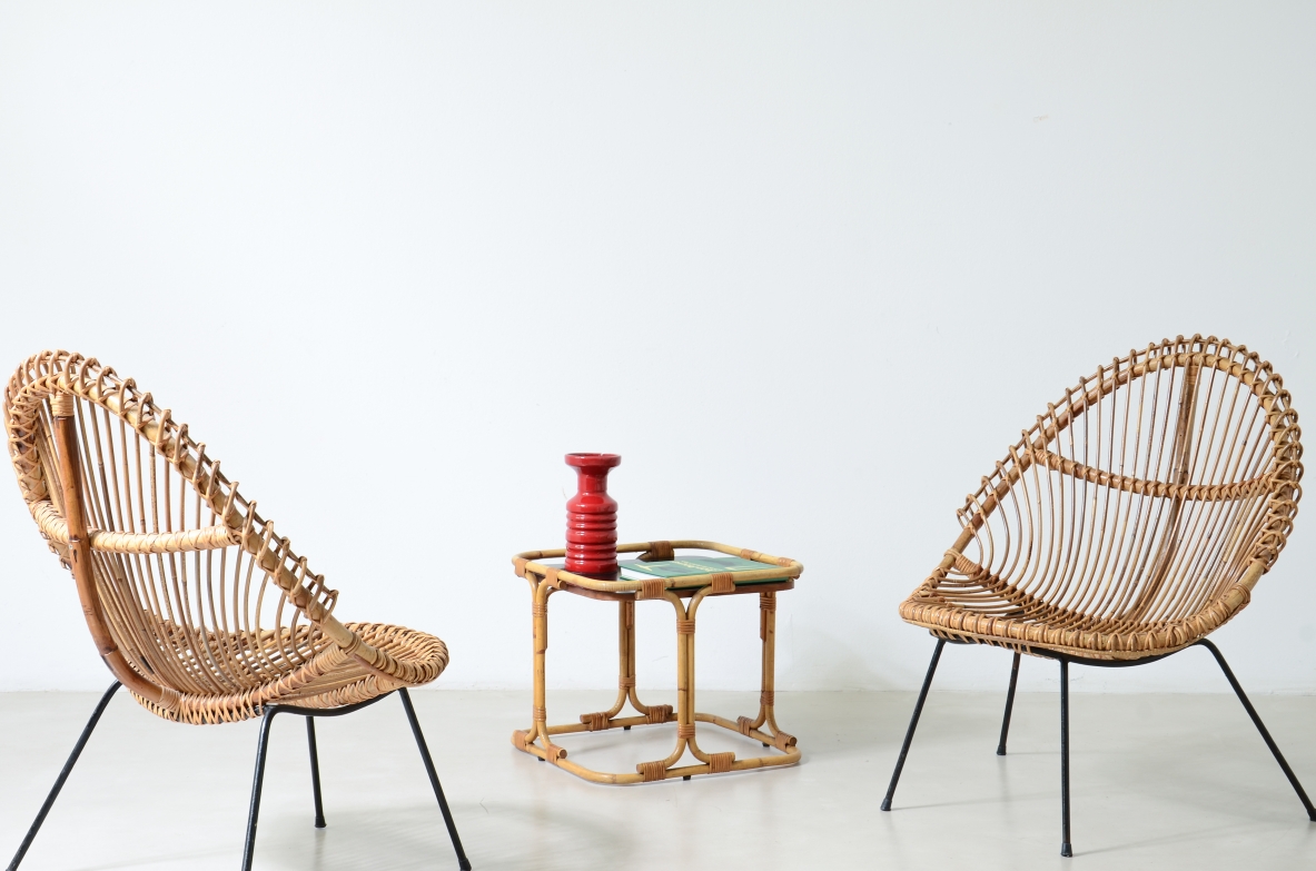 Pair of nice curved rattan chairs with metal legs, Italy1950's.