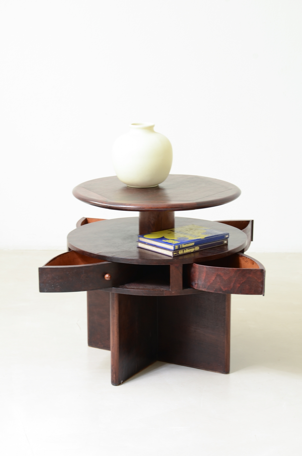 Coffee table with a cross-shaped base, and four beautiful fan-shaped drawers, Italy 1930