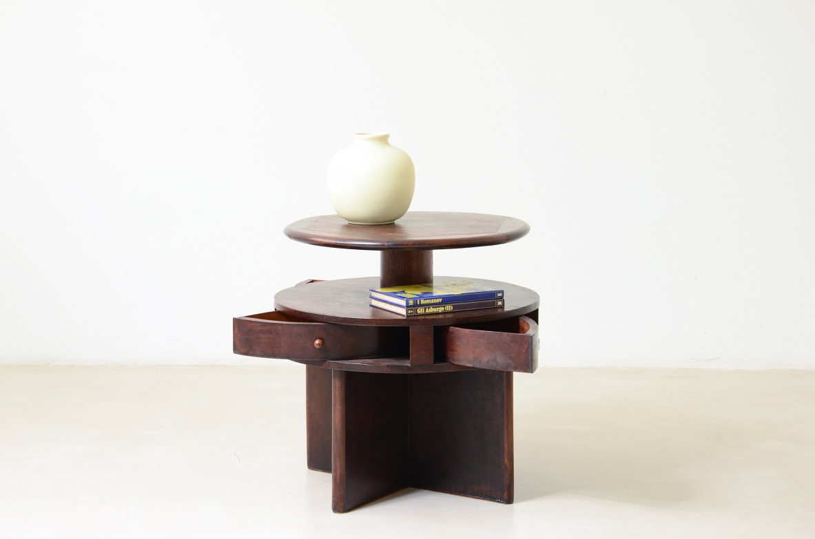Coffee table with a cross-shaped base, and four beautiful fan-shaped drawers, Italy 1930