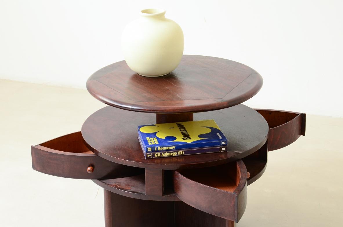 Coffee table with a cross-shaped base, and four beautiful fan-shaped drawers, Italy 1930