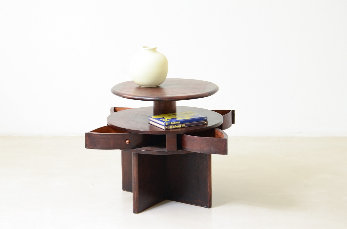 Coffee table with a cross-shaped base, and four beautiful fan-shaped drawers, Italy 1930