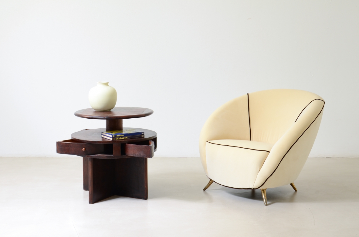 Coffee table with a cross-shaped base, and four beautiful fan-shaped drawers, Italy 1930