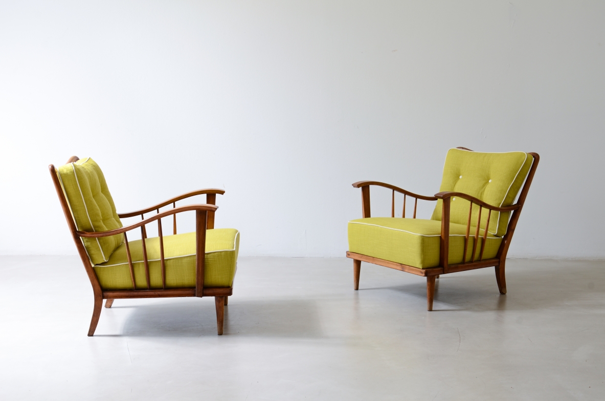 Gianni Albertini, Pair of cherry wood armchairs, Italian Manufacture, ca.1950.