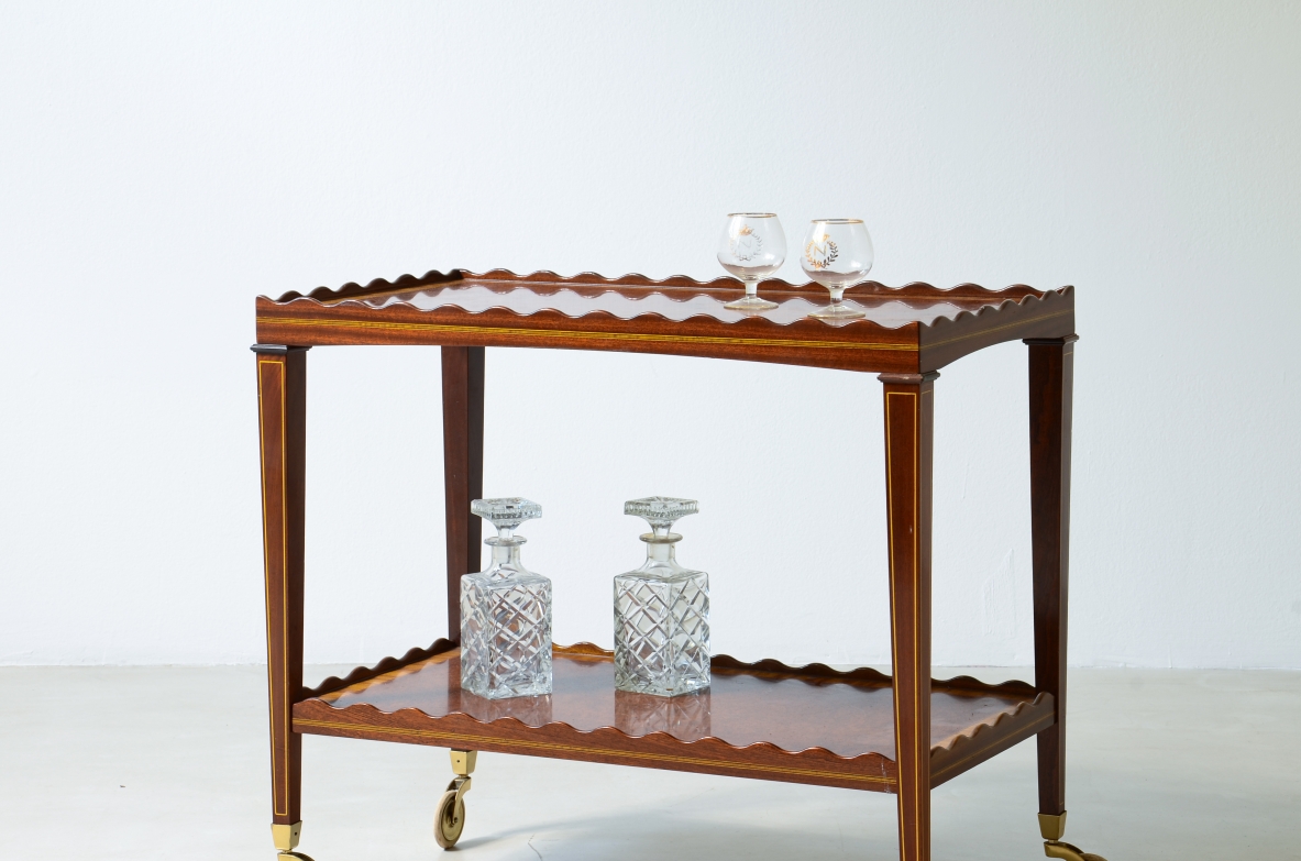 Wooden serving trolley with double shelve, Attribution: Paolo Buffa, ca. 1950.