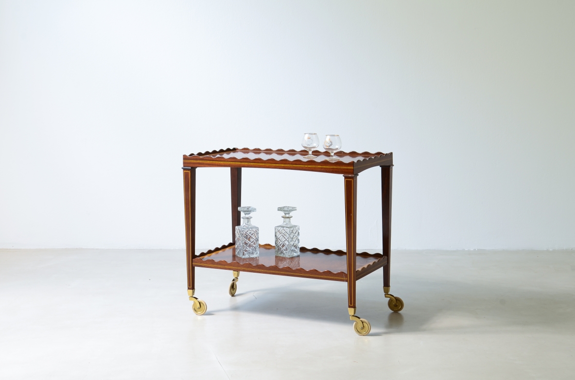 Wooden serving trolley with double shelve, Attribution: Paolo Buffa, ca. 1950.