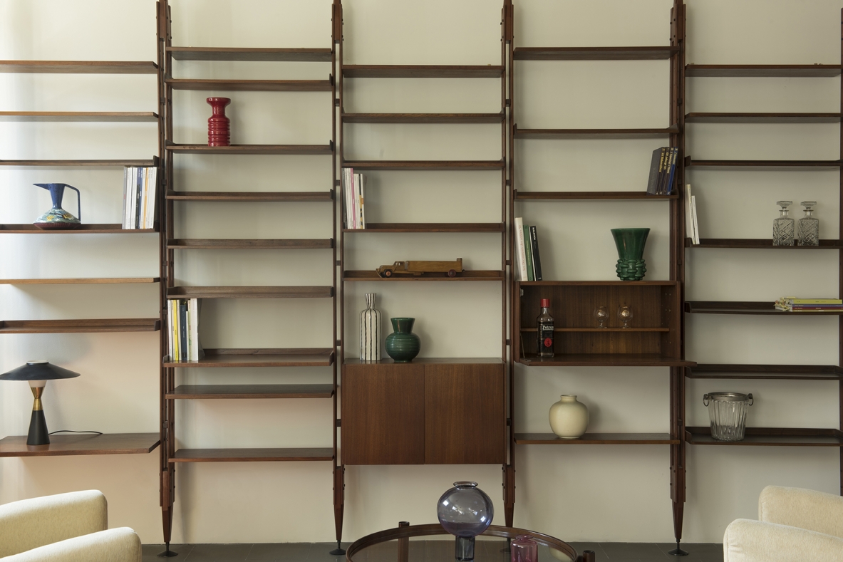 Franco Albini libreria infinito a 6 campate, 32 ripiani, Poggi 1958