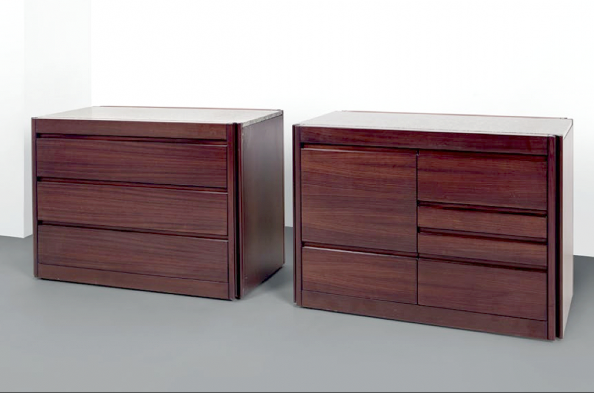 pair of sideboards with bar, various drawers and top in green marble, Italy,