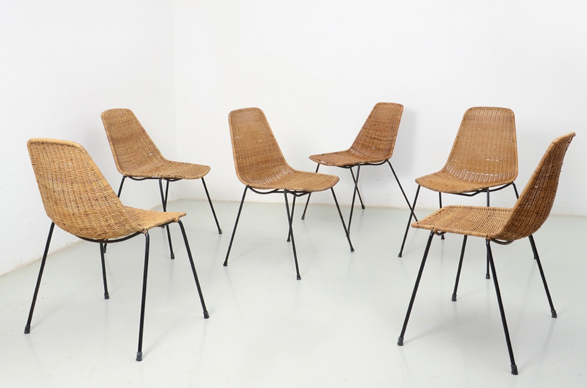 Gianfranco Legler, Italian rare set of chairs with metal base and rattan seat, designed in 1951.