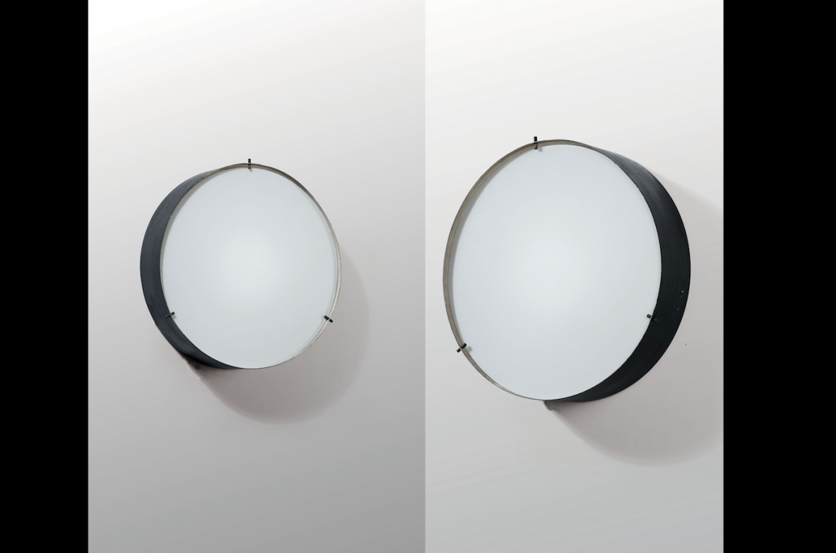 Bruno Gatta, pair of wall lamps with structure in lacquered metal and opal glass.