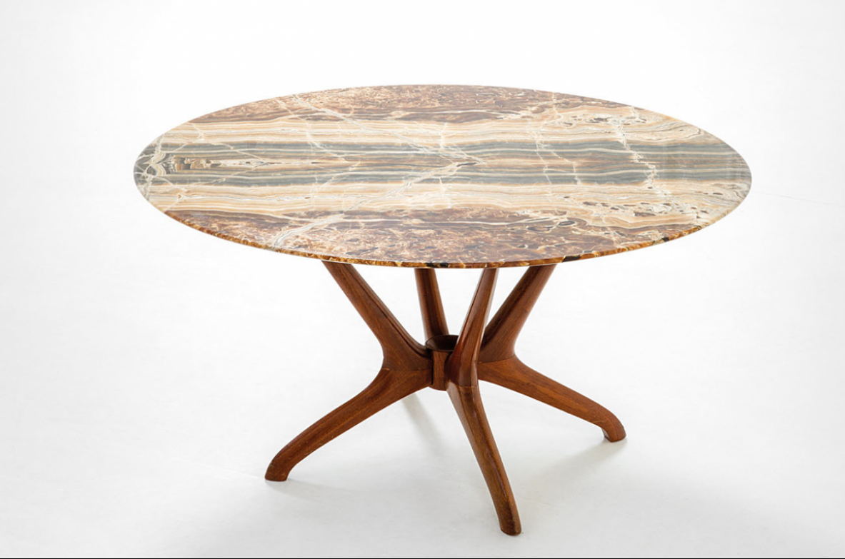 Elegant low table with wooden frame and fine marble top. Italy, 1950ca.