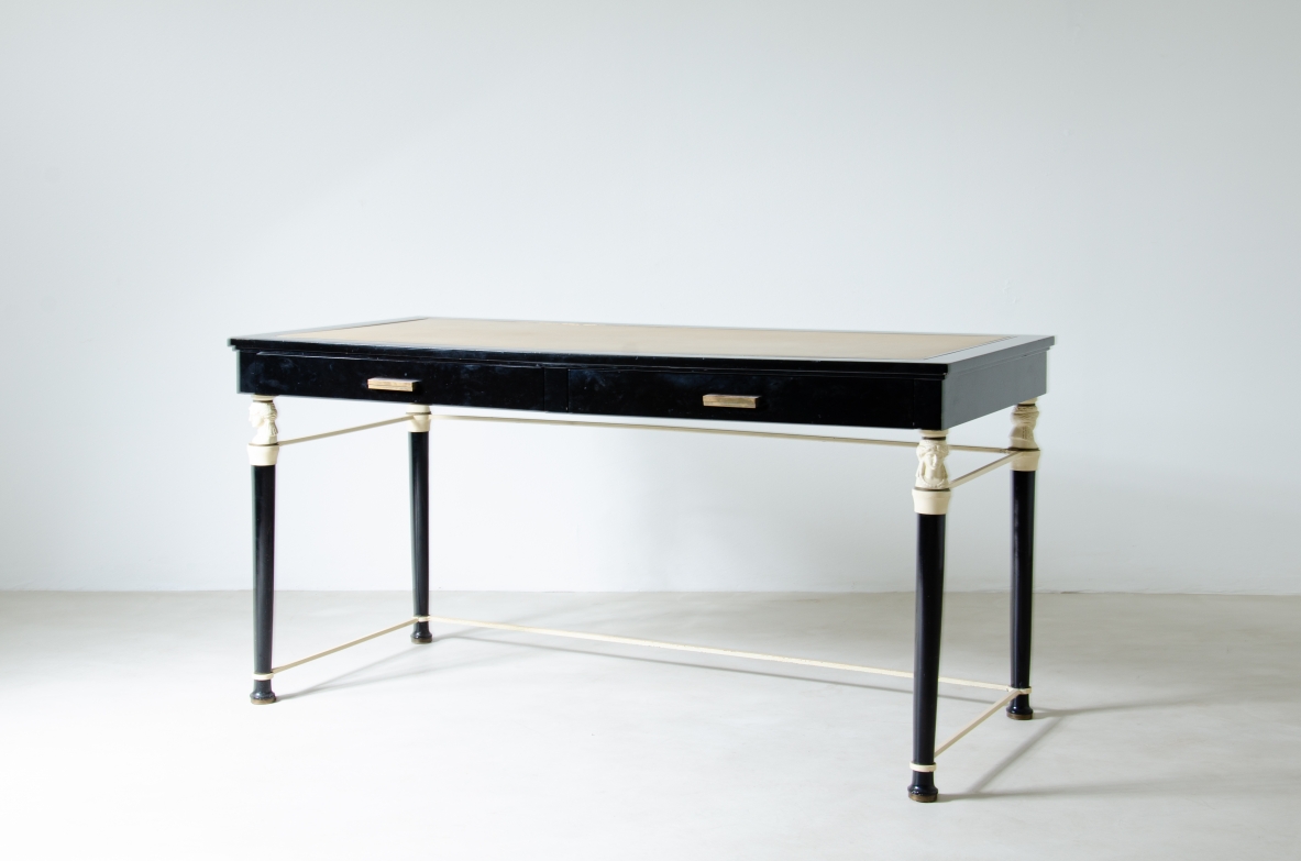Stèphan Boudin, Maison Jansen, writing desk in wood and lacquered metal with tasteful references to "Retour d'Egypte".