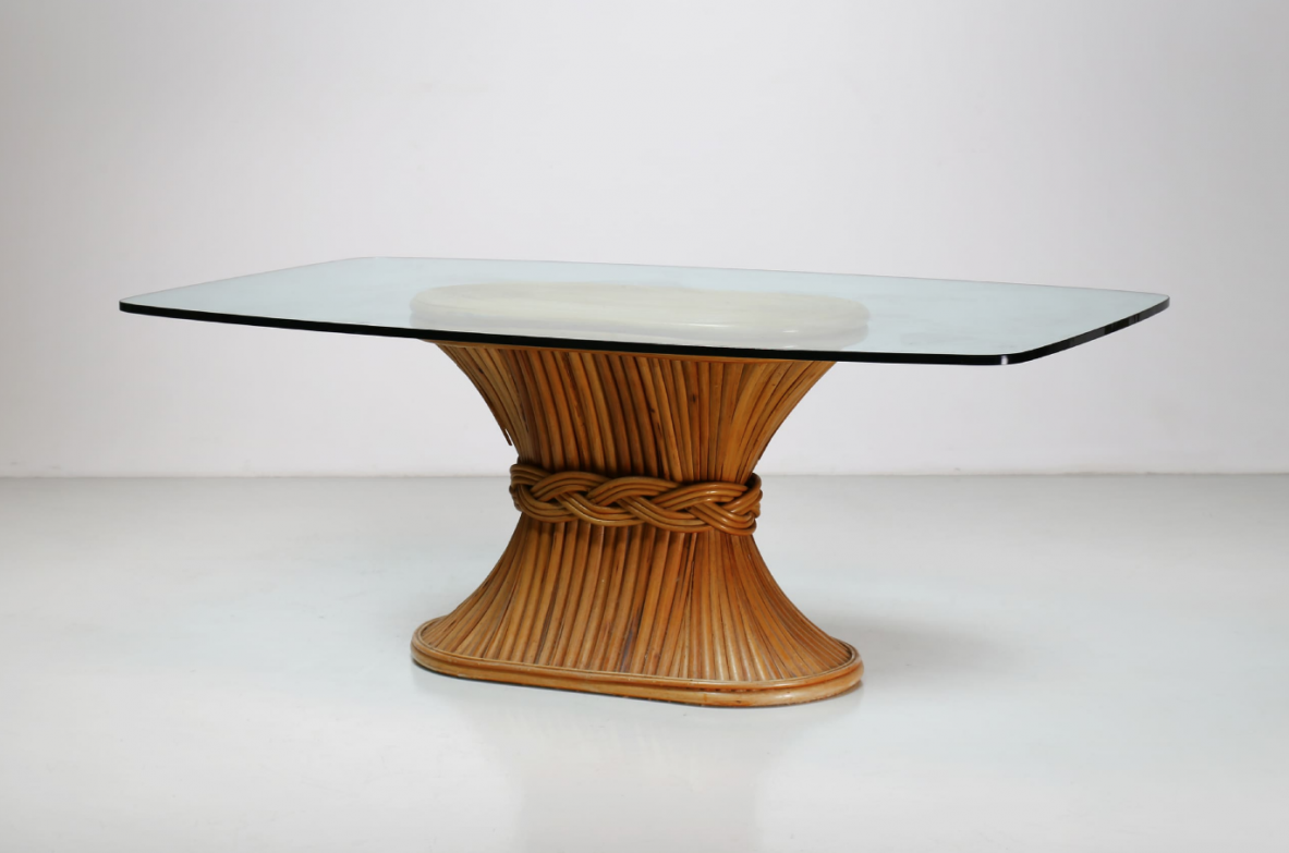 McGuire, 70s dining table made of bamboo with crystal top.