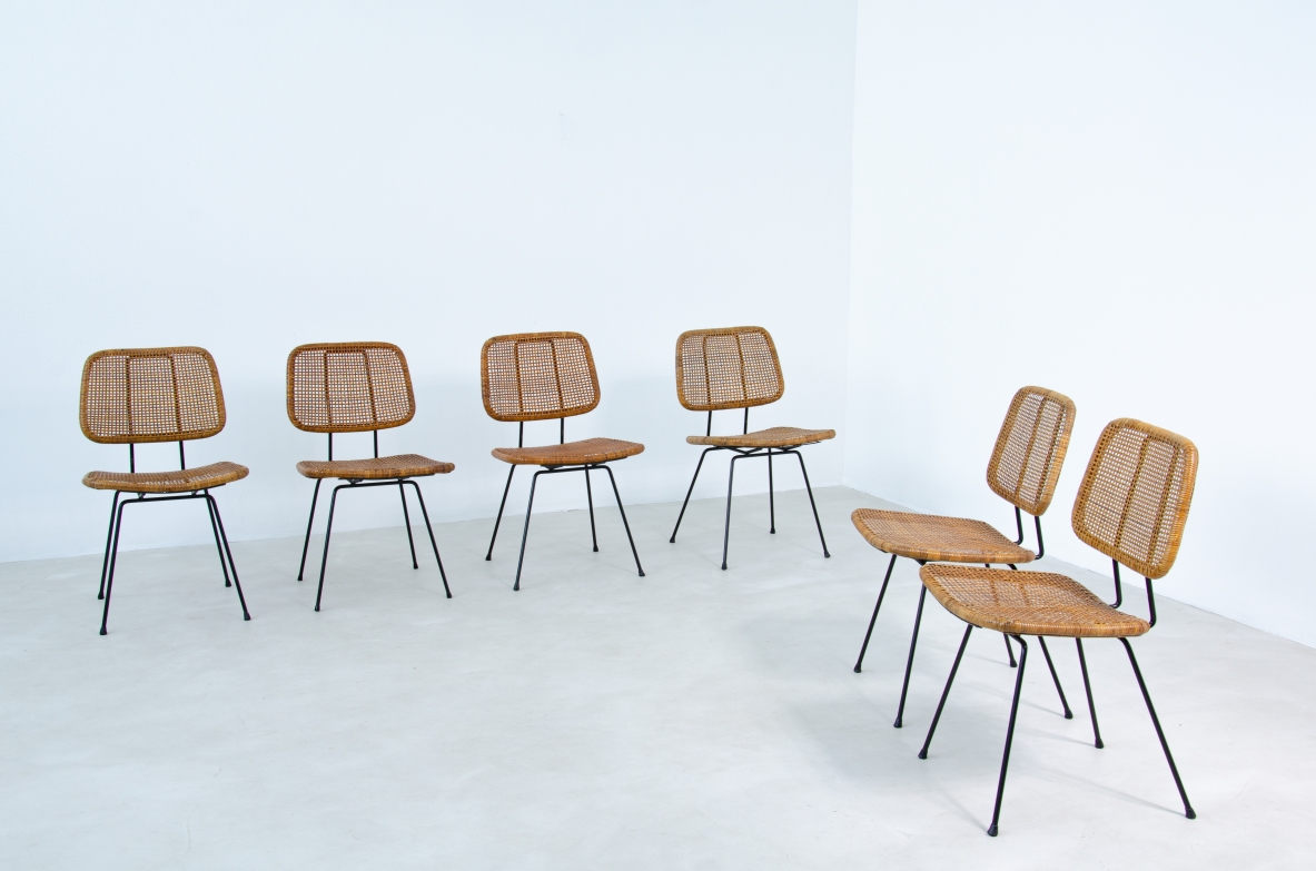 Set of 6 unique Italian 1950s chairs with iron structure and rattan seat and back, 1950's.