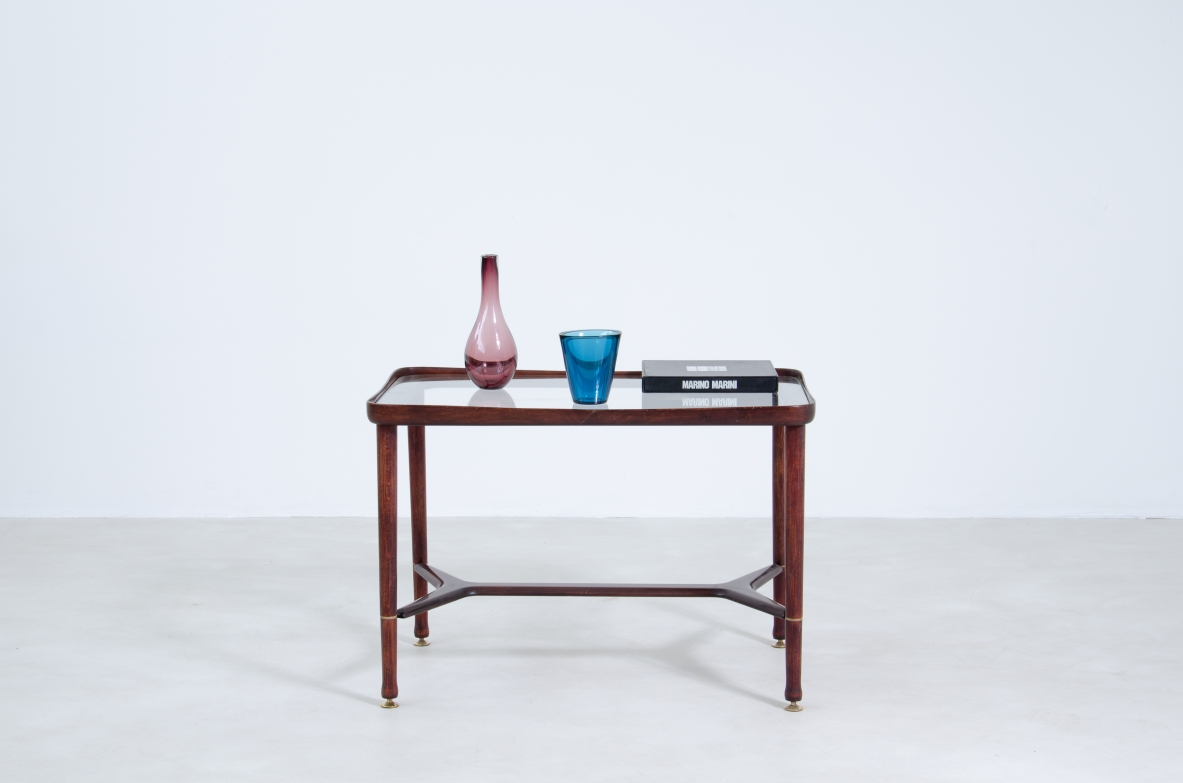 Ico Parisi, 1950's coffee table in mahogany with brass details and glass top.