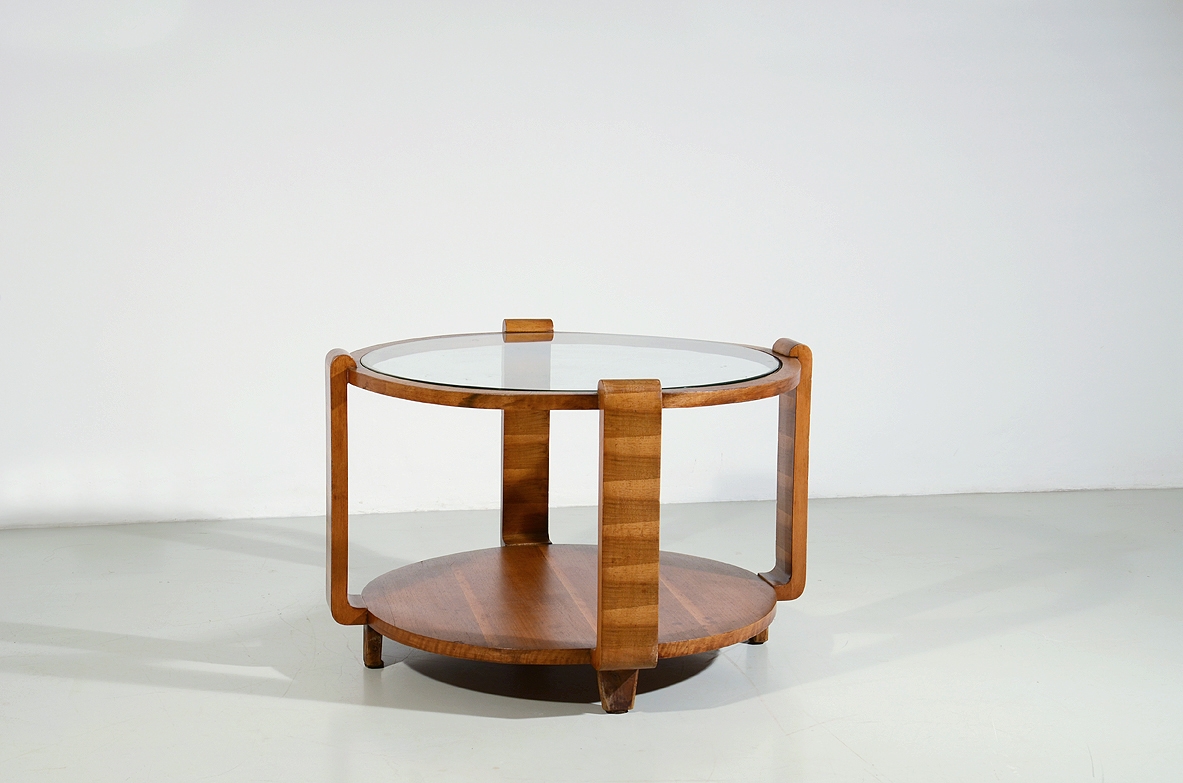 Giuseppe Pagano, Italian 1940's coffee table with crystal glass top and a wooden shleve on bottom.