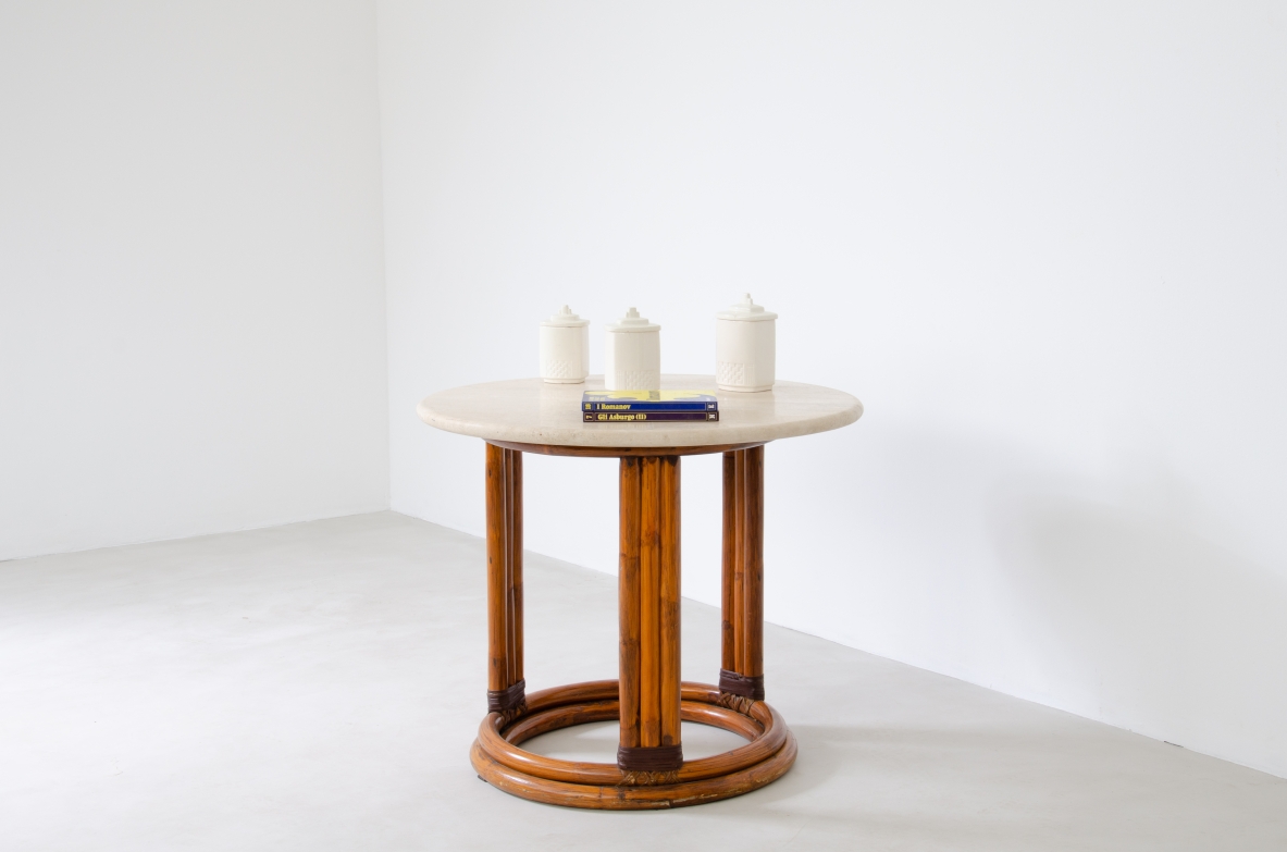 Pair of 1970's Italian coffee tables in bamboo with top in "Travertino" stone.
