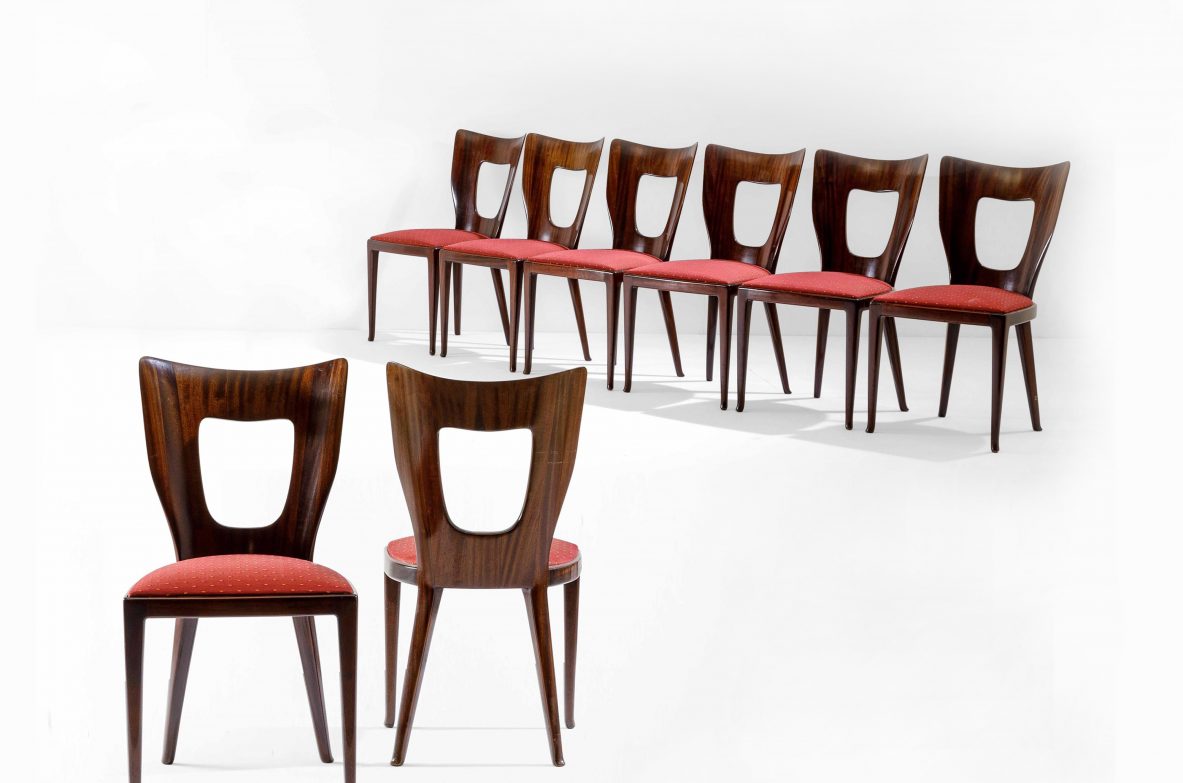 Osvaldo Borsani, eight chairs with wooden structure and upholstered seat. Prod. ABV Arredamenti Borsani Varedo, Italy, 1950's.