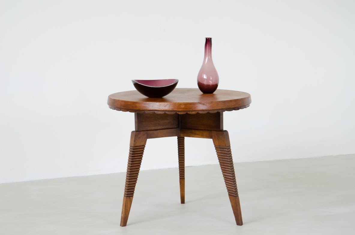 Pier Luigi Colli, 1930's coffee table in elm wood with inlays on the legs and top with a delicate wave pattern.