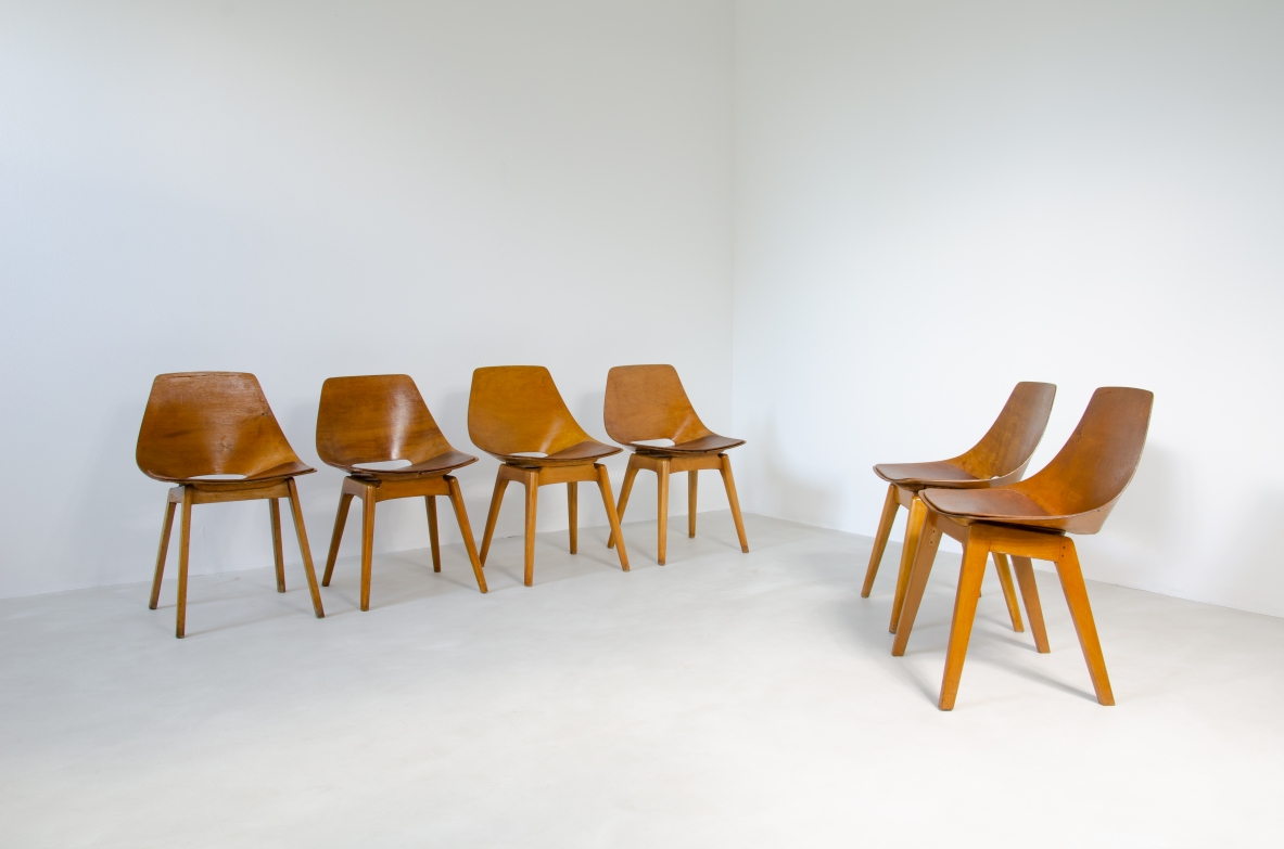 Pierre Gauriche, set of 6 "Amsterdam" dining chairs in shell-shaped wood. Prod. Steiner, France, 1950's.
