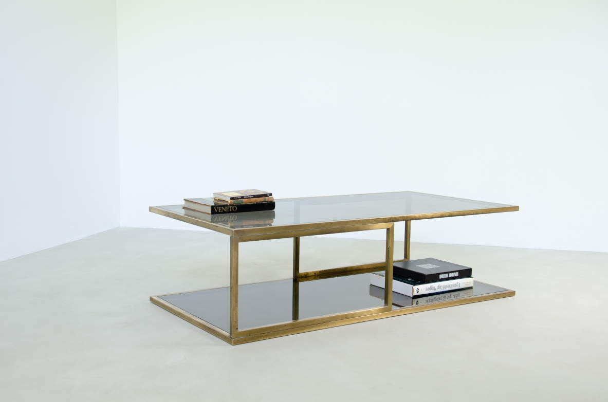 Romeo Rega, low table with brass structure and double top in smoked glass.  Italiy, Rome, 1970's.