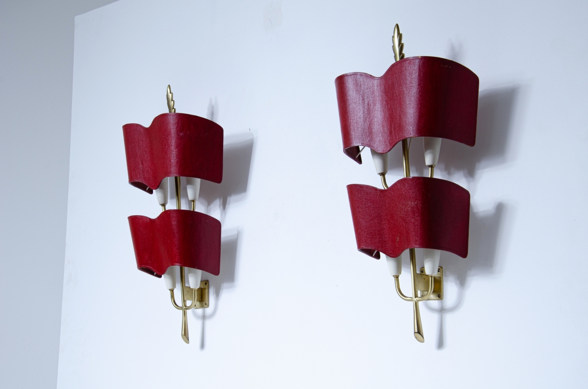 Pair of brass sconces with original shaped lampshades.  Milan, 1950s.