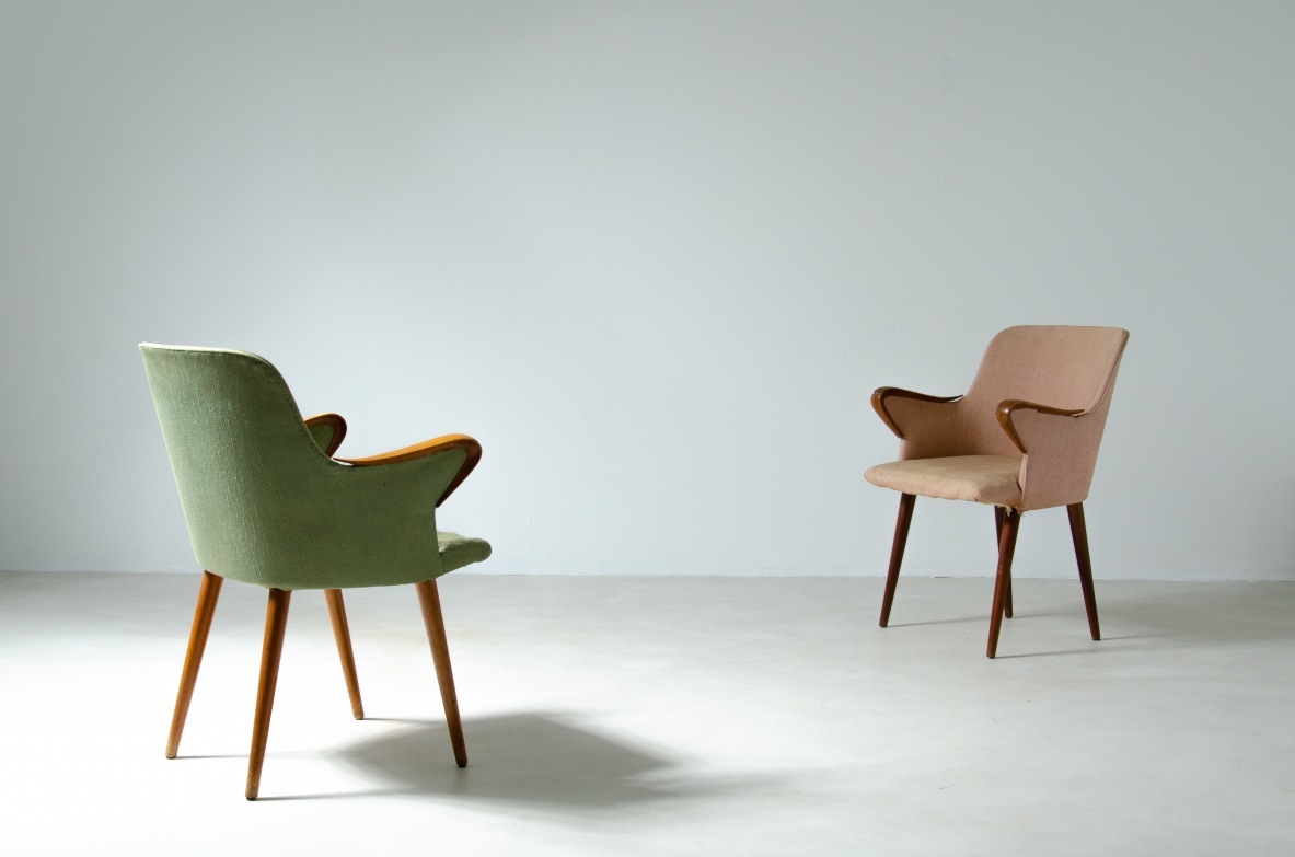 Pair of P38 armchairs covered in fabric.  Manifacture, Borsani, Tecno 1950s.