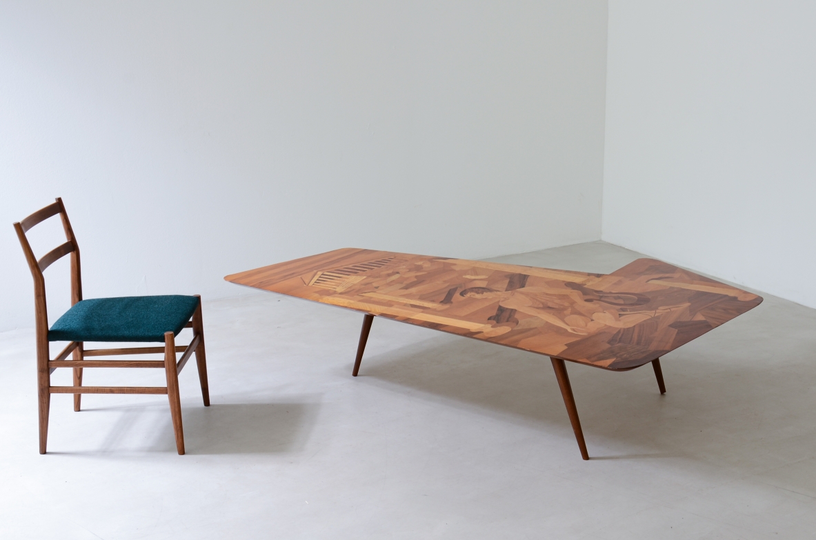 Luigi Sremin, "Orpheus at the Temple".  Coffee table with high quality inlays on a shaped top.   Venice, 1950's.
