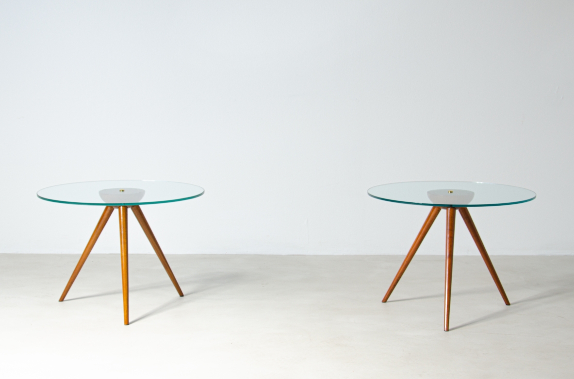 Pair of coffee tables in cherry wood with thick glass top.  Italian manufacture, 1950's.