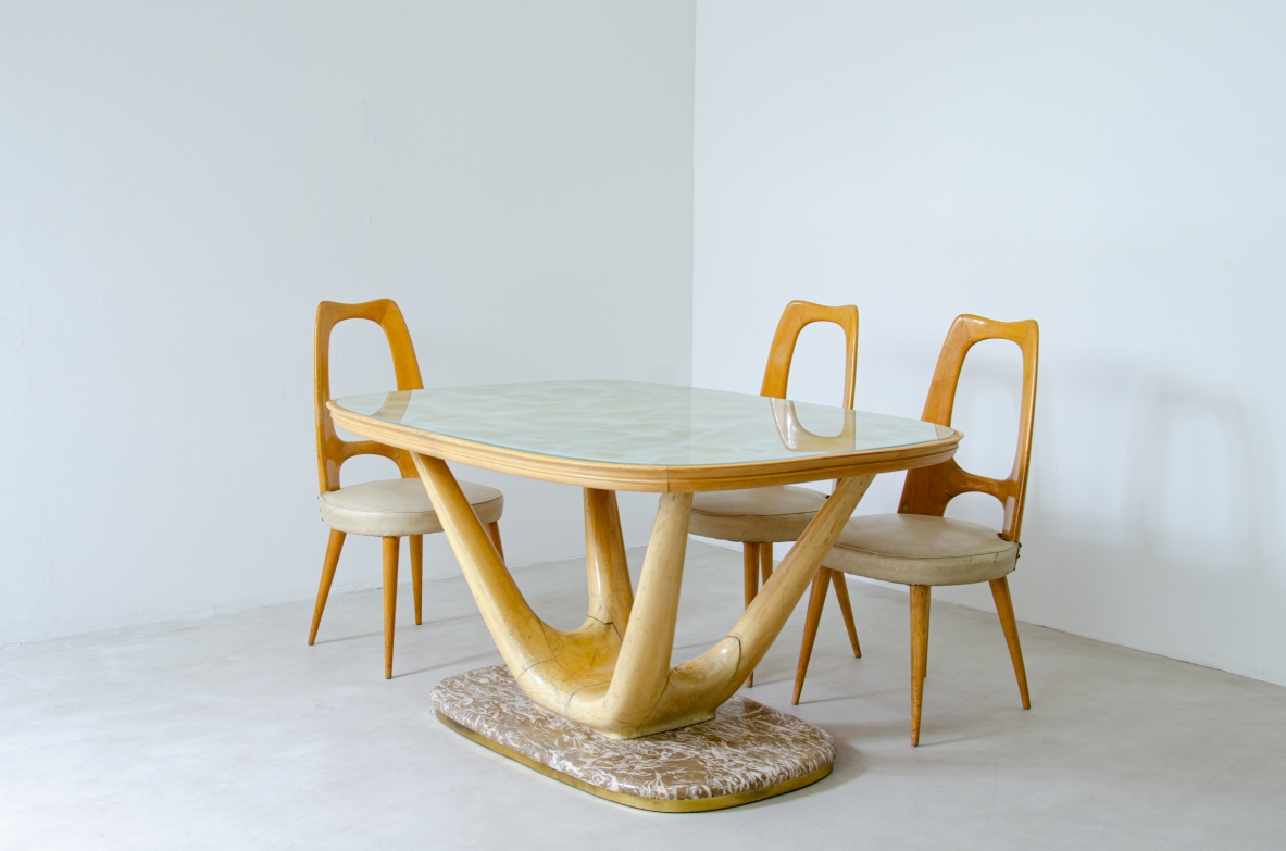 Vittorio Dassi. Elegant table with marble base, blond maple wood structure and glass top decorated with faux marble. Dassi production, Turin, Italy, 1940's