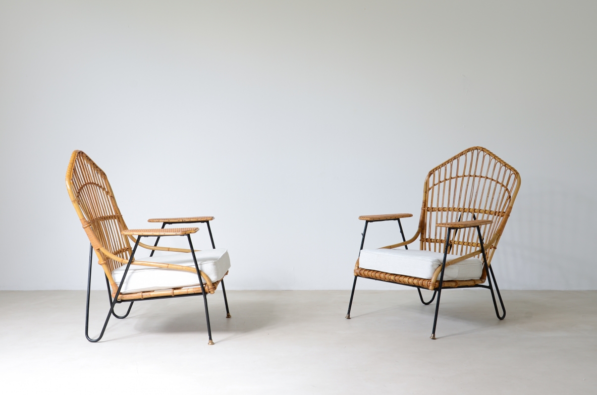 Vito Latis (1912-1996)  Unique pair of armchairs in curved metal, seat and back in rattan and armrests in woven Indian cane  with brass tips.  Italian 1950's manufacture.