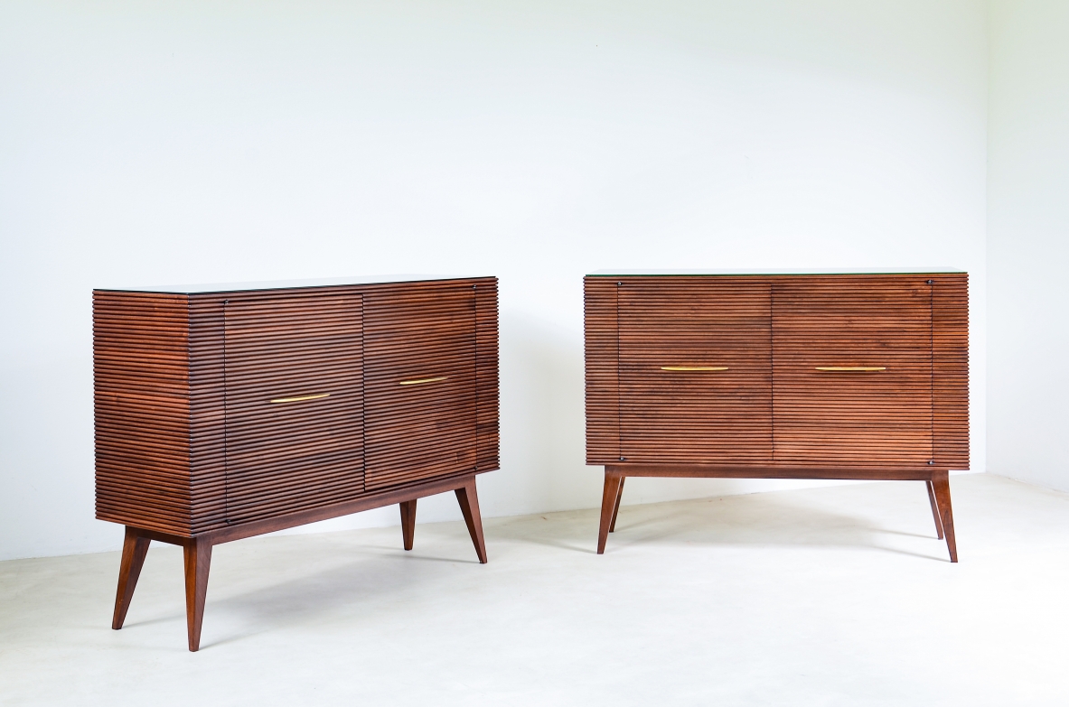 Paolo Buffa  Two rare elegant cabinets with front and sides in grinded wood opaline glass top and long feet with shaped brass handles.  1950's manufacture.