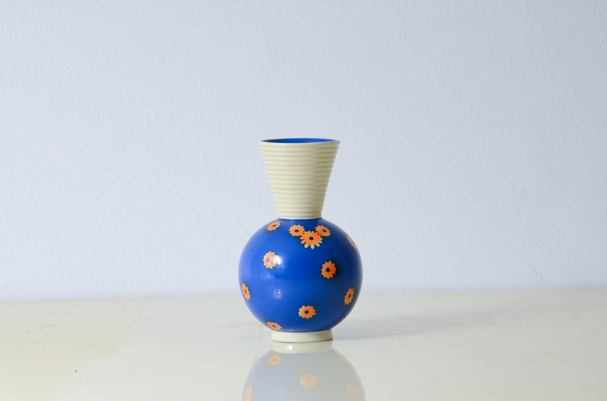 Rometti pottery  Blue vase with decoration and large threaded opening. Umbertide manufacture