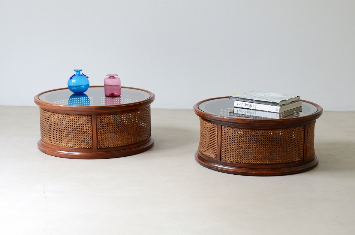 Pair of round tables in wood and Vienna straw with glass top.  Italian 1970s manufacture.