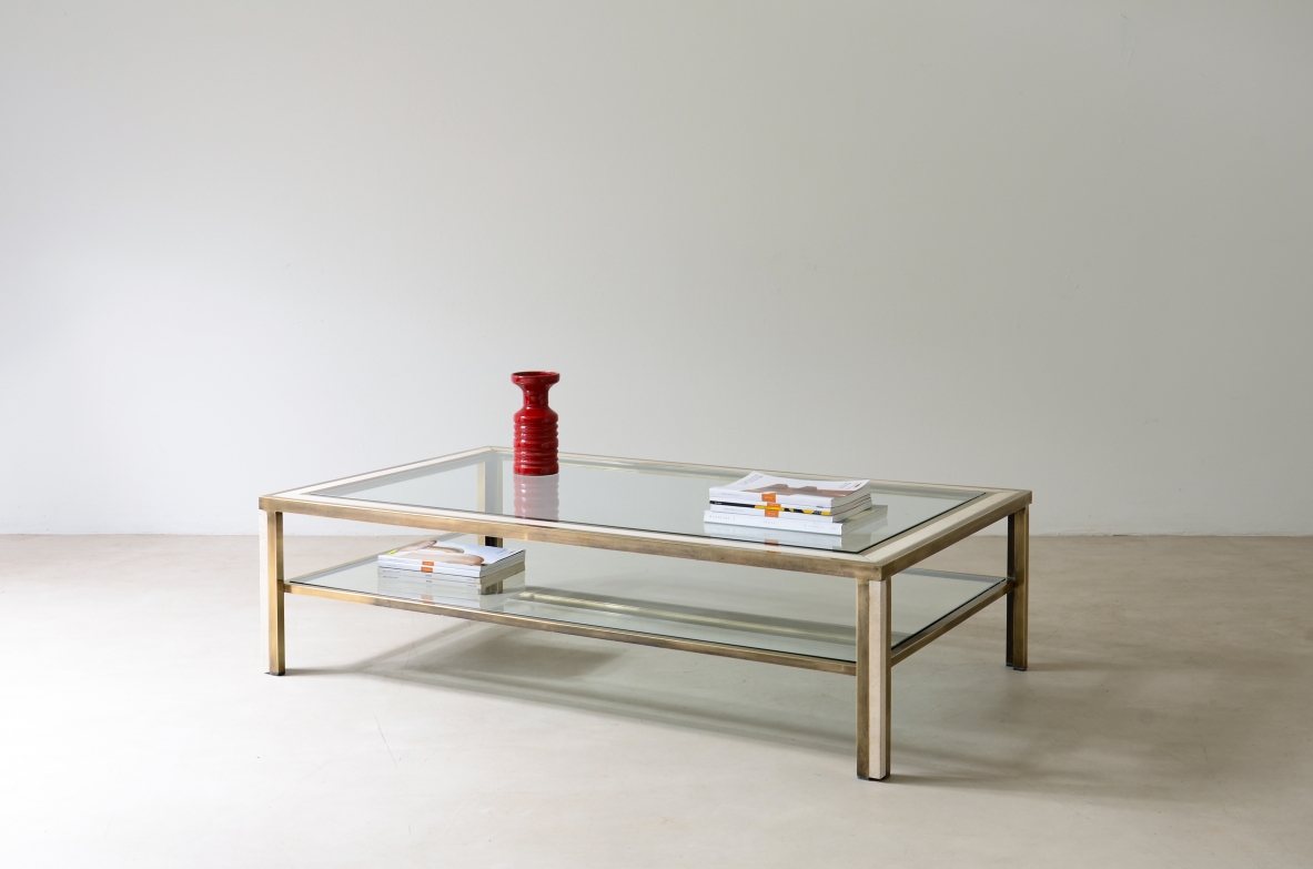 Romeo Rega  Large low brass table with travertine applications